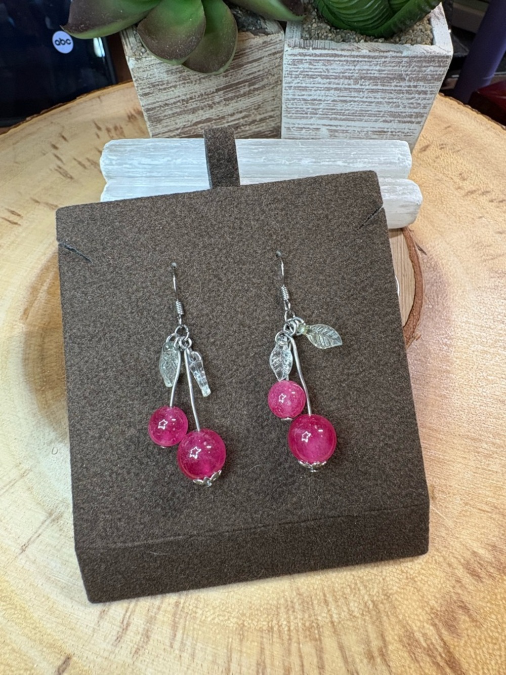 Glass Leaf Pink Cherry Drop Earrings🍒